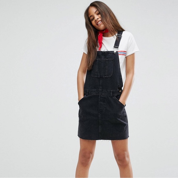 ASOS Denim Overall Dress Jean Jumper Washed Black 14 - Picture 1 of 8